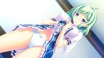  1girl angel artist_request blue_eyes blush breasts character_request copyright_request cross female fin_shared game_cg green_hair hair_ornament hairclip hooksoft indoors large_breasts navel panties school_uniform skirt skirt_lift solo source_request traveling_stars underwear uonuma_yuu wings 