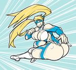  ass blonde_hair blue_eyes blue_leotard breasts gigantic_breasts hip_attack kimyouna_juju leotard mask rainbow_mika solo street_fighter street_fighter_v twintails 