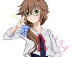  blue_bow bow brown_hair character_name glasses green_eyes hair_bow hair_over_shoulder kagura_yuuto kokonoe_towa long_hair red_bow smile solo tokyo_xanadu upper_body white_background 