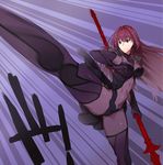  ass_visible_through_thighs bodysuit breasts covered_navel fate/grand_order fate_(series) gae_bolg highres kicking large_breasts long_hair pauldrons polearm purple_bodysuit purple_hair red_eyes scathach_(fate)_(all) scathach_(fate/grand_order) solo spear weapon ycco_(estrella) 