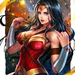  amazon black_hair blue_eyes breasts dc_comics dccu gradient gradient_background long_hair nudtawut_thongmai pteruges solo strapless vambraces wonder_woman wonder_woman_(series) 