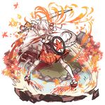  animal_ears autumn_leaves blush detached_sleeves fire geta inubashiri_momiji leaf looking_at_viewer open_mouth pom_pom_(clothes) red_eyes ribbon-trimmed_sleeves ribbon_trim shield short_hair siam_(meow13) silver_hair skirt solo sword tail thighhighs touhou weapon white_legwear wolf_ears wolf_tail 