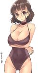  alternate_costume breast_hold breasts brown_eyes brown_hair choker cleavage covered_navel glasses highleg highleg_swimsuit highres kantai_collection large_breasts maruki_(punchiki) one-piece_swimsuit pince-nez roma_(kantai_collection) short_hair simple_background solo swimsuit twitter_username white_background 