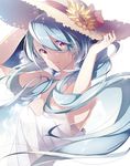  blue_hair dress flower hat long_hair looking_at_viewer original purple_eyes solo straw_hat sunflower u35 white_dress 