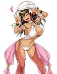  ^_^ arabian_clothes armband armpits bare_shoulders black_hair blush bracelet breasts closed_eyes dancer dark_skin double_v fang hat heart jewelry kappamaru large_breasts long_hair navel o-ring o-ring_bikini open_mouth revealing_clothes sarong smile solo v white_background wristband 
