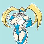  abs blonde_hair blue_eyes blue_leotard breasts cleavage_cutout hand_on_hip huge_breasts kimyouna_juju leotard long_hair mask microphone muscle muscular_female rainbow_mika solo street_fighter street_fighter_v twintails 