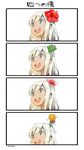  4koma @_@ artist_name blonde_hair blue_eyes cactus comic dancing_flower empty_eyes flower hair_flower hair_ornament hibiscus kantai_collection long_hair nonco open_mouth ro-500_(kantai_collection) sailor_collar smile snot solo spider_lily sunflower translated 