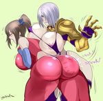  2girls aqua_eyes areola_slip areolae ass bare_shoulders blush bodysuit breasts brown_hair erect_nipples eyes_closed fingerless_gloves from_behind gauntlets gloves hair_ornament hair_over_one_eye huge_ass huge_breasts isabella_valentine long_hair multiple_girls ninja open_mouth ponytail shiny shiny_clothes shiny_skin short_hair sideboob silver_hair simple_background smile soul_calibur spanked spanking taki_(soulcalibur) tongue yuri zetarok 