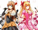  alisa_reinford alternate_costume artist_name bare_shoulders black_dress black_gloves blonde_hair blue_eyes bow brown_hair character_name choker company_connection corset crossover crown dress eiyuu_densetsu elbow_gloves falcom gloves hair_bow highres hiiragi_asuka idol long_hair microphone multiple_girls one_eye_closed orange_skirt outstretched_hand pink_skirt puffy_sleeves red_bow red_eyes saber-freedom sen_no_kiseki skirt smile tokyo_xanadu 