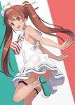  :d brown_eyes brown_hair dress fang flag_background hyuuga_azuri italian_flag italy kantai_collection leg_up libeccio_(kantai_collection) long_hair open_mouth panties pantyshot ribbon sailor_dress smile solo striped striped_panties twintails underwear 