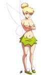  1girl angry artist_request blonde_hair blue_eyes breast_hold breasts covering covering_breasts disney fairy large_breasts lips mound_of_venus navel no_bra pointy_ears short_skirt simple_background skirt solo standing tinker_bell tinker_bell_(disney) topless wide_hips 