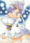  absurdres alternate_costume bare_shoulders breasts cleavage commentary_request flower hair_flower hair_ornament hat highres japanese_clothes kimono large_breasts letty_whiterock looking_at_viewer marker_(medium) obi off_shoulder open_mouth panties purple_eyes purple_hair sash scarf solo thighhighs touhou traditional_media underwear white_legwear white_panties yukata yurun 