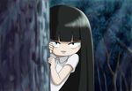  black_eyes black_hair dress_shirt forest ghost hshskt kimi_ni_todoke kuronuma_sawako long_hair nature peeking_out shirt solo tree 