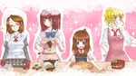  apron bad_id bad_pixiv_id blonde_hair blush brown_hair cake cookie food hair_bobbles hair_ornament kanene_nono maid multiple_girls pastry pie ponytail red_hair sakutarou shannon umineko_no_naku_koro_ni ushiromiya_ange ushiromiya_jessica ushiromiya_maria 