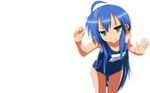  :3 ahoge armpits bangs blue_hair blue_swimsuit blurry breasts collarbone cowboy_shot depth_of_field green_eyes grin hair_between_eyes hands_up head_tilt highres izumi_konata leaning_forward long_hair looking_at_viewer lucky_star mole mole_under_eye name_tag naughty_face nilitsu one-piece_swimsuit parted_bangs school_swimsuit sidelocks simple_background small_breasts smile solo standing swimsuit very_long_hair wallpaper widescreen 