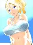  bare_shoulders blonde_hair blue_eyes breasts breasts_apart covered_nipples huge_breasts igarasy long_hair navel original parted_lips ponytail solo 