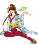  arm_support bad_id bad_pixiv_id bayonetta bayonetta_(character) blue_kimono detached_sleeves earrings glasses japanese_clothes jewelry kimono legs lips lipstick makeup nail_polish print_legwear rachel_(artist) red_legwear red_nails sandals solo thighhighs yukata 