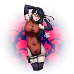  1girl absurdres arm_behind_head arm_up armpits black_hair blush boruto:_naruto_next_generations breasts closed_mouth elbow_gloves glasses gloves hair_between_eyes headband highres long_hair naruto_(series) red_eyes red_headband red_shirt satanaries self_upload shirt shorts skinny solo standing symbol uchiha_sarada 