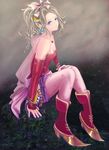  1girl blonde_hair blue_eyes boots cape detached_sleeves earrings female final_fantasy final_fantasy_vi foolstream full_body jewelry long_hair nature outdoors pantyhose ponytail sitting solo tina_branford 