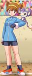  1girl aipom brown_hair elite_trainer headband npc_trainer poke_ball pokemoa pokemon pokemon_trainer pokesho soara 