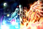  blue_hair bow fiery_wings fire fujiwara_no_mokou hair_bow hat highres kamishirasawa_keine moon multiple_girls red_eyes run_(artist) touhou wings 