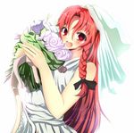  blush bouquet braid dress flower hong_meiling jewelry long_hair open_mouth red_eyes red_hair ribbon ring smile solo sukage toga touhou wedding_dress 