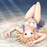  bikini blonde_hair breasts chihaya_72 cleavage covered_nipples green_eyes hoshii_miki idolmaster idolmaster_(classic) large_breasts light_rays long_hair looking_at_viewer lying navel on_back partially_submerged shallow_water side-tie_bikini smile solo sunbeam sunlight swimsuit thigh_gap upside-down water wet 