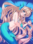  bed_sheet bikini_top blonde_hair blue_eyes blush bracelet breasts cleavage from_above hair_spread_out head_fins jewelry long_hair looking_at_viewer lying medium_breasts mermaid monster_girl navel necklace on_side parted_lips solo very_long_hair yukimura_tsubame yuukyuu_no_sharin 