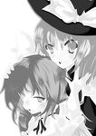  absurdres annoyed bow greyscale hair_bow hair_ribbon hat hat_ribbon highres looking_up mai_(touhou) monochrome multiple_girls open_mouth profile psan ribbon short_hair short_sleeves simple_background touhou touhou_(pc-98) yuki_(touhou) 