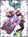  1girl alternate_costume aqua_eyes aqua_hair detached_sleeves foreshortening hands hatsune_miku headphones headset kurumayama legs lips long_hair midriff navel pantyhose skirt smile solo speaker twintails vocaloid 