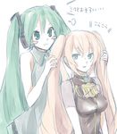  :3 alternate_hairstyle aqua_eyes aqua_hair bad_id bad_pixiv_id blush blush_stickers breasts hairdressing hands hatsune_miku hijiki_(hijikini) long_hair medium_breasts megurine_luka multiple_girls pink_hair sketch translated twintails v-shaped_eyebrows vocaloid 