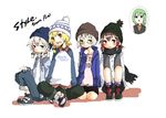  alternate_costume bad_id bad_pixiv_id bespectacled blonde_hair blush braid casual contemporary glasses hakurei_reimu hat izayoi_sakuya kirisame_marisa kochiya_sanae konpaku_youmu konpaku_youmu_(ghost) multiple_girls not_present pun2 scarf shoes shorts sitting sneakers sweatdrop sweater touhou twin_braids winter winter_clothes 