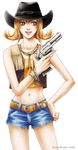  1girl bare_shoulders belt bracelet brown_hair cowboy_hat female final_fantasy final_fantasy_viii green_eyes gun hat jacket jewelry long_hair midriff necklace revolver ryu_(artist) ryu_(ryu's_former_site) selphie_tilmitt short_shorts shorts solo weapon white_background 