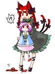  2girls animal_ears bad_id bad_pixiv_id bow braid cat_ears cat_tail eyes fangs hair_bow heart kaenbyou_rin komeiji_satori multiple_girls multiple_tails myama purple_hair red_eyes red_hair shoes short_hair single_shoe socks tail touhou twin_braids 