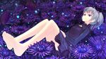  bad_perspective barefoot blue_eyes chourui_keiko darker_than_black feet flower grey_hair lying ponytail purple_skirt skirt solo yin 