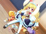  animal_ears berry_(peropero_sasete) blush bunny_ears dutch_angle eating food game_cg long_hair lugosi_ela maid open_mouth peropero_sasete purple_eyes sitting solo thighhighs white_legwear 