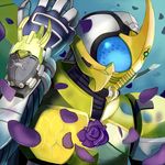  bad_id bad_pixiv_id flower horns kamen_rider kamen_rider_caucasus kamen_rider_kabuto_(series) male_focus petals purple_flower purple_rose rose solo 