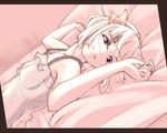  aya_shachou bed chemise dutch_angle hair_ribbon hands konpaku_youmu looking_at_viewer lying monochrome on_back pink purple_eyes ribbon see-through smile solo spot_color touhou 