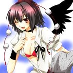  bad_id bad_pixiv_id black_hair black_wings blood blush bra choker collarbone hat lingerie looking_at_viewer newspaper one_eye_closed open_clothes open_mouth open_shirt red_bra red_eyes shameimaru_aya shirt short_hair smile solo tokin_hat touhou underwear undressing wings yutazou 