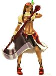  1girl axe bandana bandanna bike_shorts brown_eyes brown_hair dark_skin feather feathers female final_fantasy final_fantasy_ix fingerless_gloves full_body gloves guernica kanou lani long_hair midriff navel polearm shoes shorts solo tubetop weapon white_background 