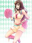  alternate_costume armpits axis_powers_hetalia blush boots breasts brown_eyes brown_hair cheerleader choker cleavage cross-laced_footwear flower hair_flower hair_ornament hand_on_hip happy hungary_(hetalia) large_breasts long_hair midriff miniskirt pom_poms short-stop skirt sleeveless solo 