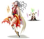  1girl boots cape chibi chibi_inset cloud_of_darkness cosplay costume_switch crossdressing dissidia_final_fantasy facial_mark final_fantasy final_fantasy_iii fingerless_gloves forehead_mark gloves grey_hair kia_(pixiv) legs long_hair long_legs onion_knight red_eyes thighs translation_request 