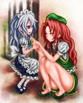  blue_eyes braid convenient_leg hair_ribbon hat hong_meiling izayoi_sakuya long_hair maid multiple_girls red_hair ribbon run_(artist) silver_hair touhou twin_braids younger 