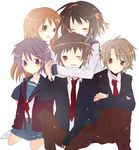  3girls asahina_mikuru bad_id bad_pixiv_id brown_hair cardigan grey_hair hug itsuki_yuu kita_high_school_uniform koizumi_itsuki kyon long_hair multiple_boys multiple_girls nagato_yuki school_uniform serafuku short_hair suzumiya_haruhi suzumiya_haruhi_no_yuuutsu 