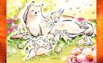  animal bunny chibiterasu dog flower minimaru no_humans odd_one_out ookami_(game) ookamiden petals playing puppy wolf yumigami 