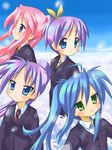  ahoge blue_eyes blue_hair blush formal green_eyes hiiragi_kagami hiiragi_tsukasa izumi_konata long_hair lucky_star mike_gatsu mole mole_under_eye multiple_girls pink_hair ponytail purple_eyes purple_hair short_hair suit takara_miyuki tareme tsurime 