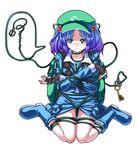  ? backpack bad_id bad_pixiv_id bag bdsm blue_eyes blue_hair blush bondage boots bound fingerless_gloves frogtie gloves green_rope hair_bobbles hair_ornament hat kawashiro_nitori key mendou_saya rope rubber_boots short_hair sitting solo speech_bubble squiggle touhou twintails two_side_up wariza 