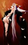  1girl breasts cleavage dress feathers female final_fantasy final_fantasy_viii genmuq jewelry long_hair looking_up midriff navel necklace red_eyes solo ultimecia very_long_hair white_hair 