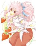  arche_klein artist_request elbow_gloves food fruit fruit_background gloves long_hair pants pink_eyes pink_hair ponytail red_pants scarf strawberry tales_of_(series) tales_of_phantasia wide_ponytail 