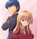  1girl :t aisaka_taiga back-to-back blue_hair brown_eyes brown_hair chunpai crossed_arms hands_on_hips long_hair pout school_uniform takasu_ryuuji toradora! 